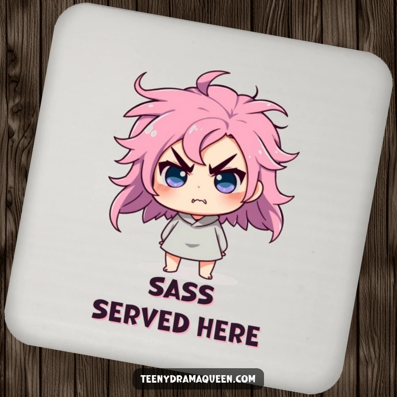 Funny coaster set with a character doing a dramatic hair flip, looking affronted and sassy.