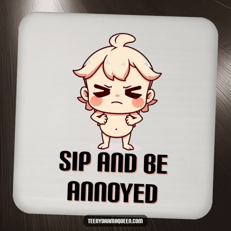 Funny Coaster featuring a character huffing and puffing with hands on hips, a hilarious protector against drink spills.