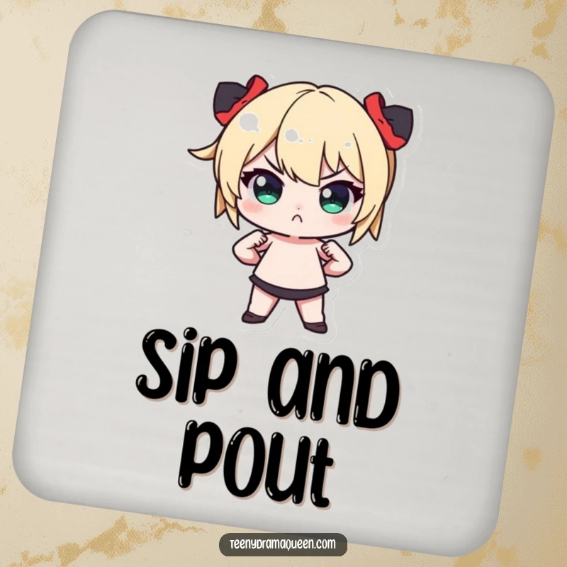 Funny Tiny Character Coaster: Protects surfaces with a graphic of a miniature figure in a dramatic pose with hands on hips and a pout.