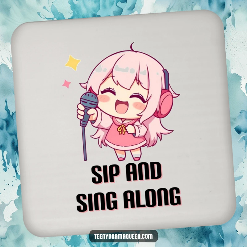 Funny drink coaster, a joyful character reaching for a tiny microphone, adding humor to your table.