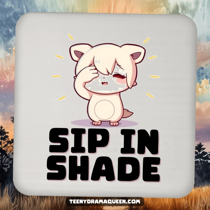 Funny Character Coaster: Protects surfaces with a graphic of a small figure dramatically shielding their eyes from an imaginary spotlight.