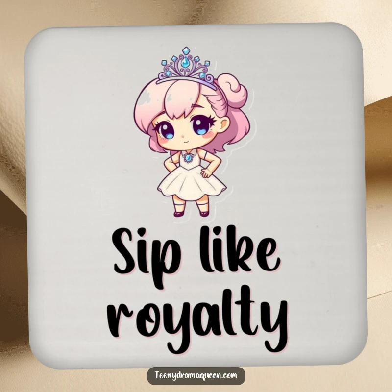 Funny drink coasters featuring a tiny character with a tiara, striking a dramatic pose, adding glamour and protection.