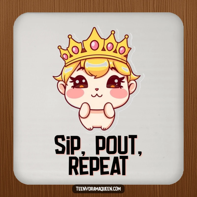 Funny drink coaster with a sassy crown character pouting with puffed cheeks, providing humorous royal surface protection. A perfect funny gift.