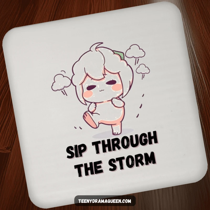 Funny Coaster featuring a character stomping its foot with a pout, surrounded by tiny storm clouds, a humorous protector against drink spills.