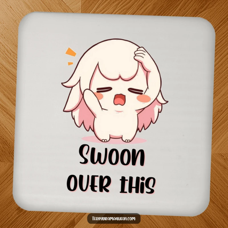 Funny swooning kawaii coaster set, protecting tables with a character dramatically fainting, perfect for dramatic sips.