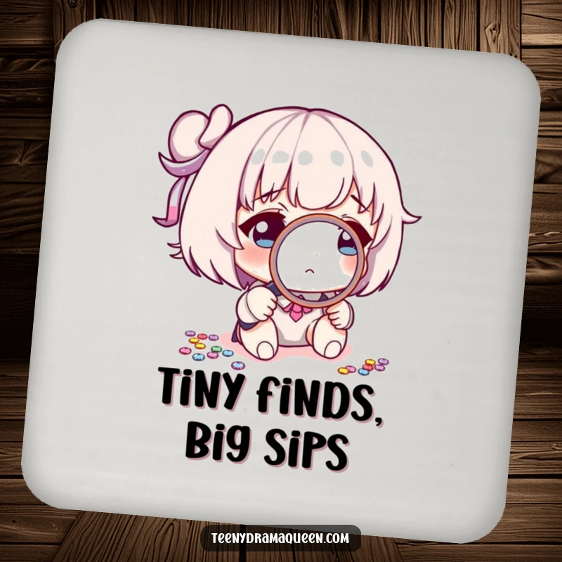 Funny drink coaster featuring a character with a magnifying glass inspecting a sequin, adding a humorous touch to any tabletop.