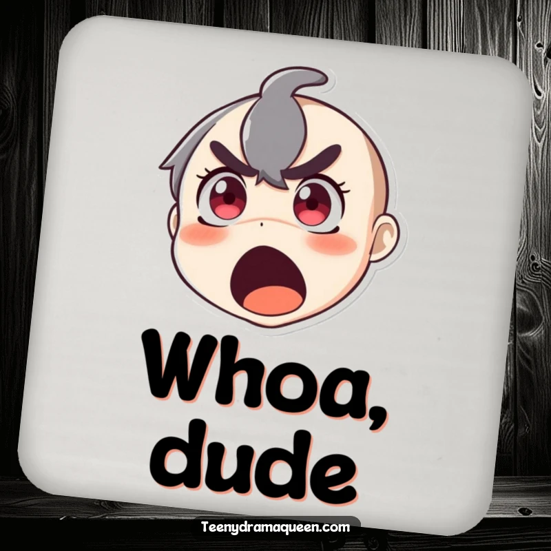 Funny coaster showcasing a character's face in a state of exaggerated, wide-eyed, open-mouthed surprise and humorous shock.