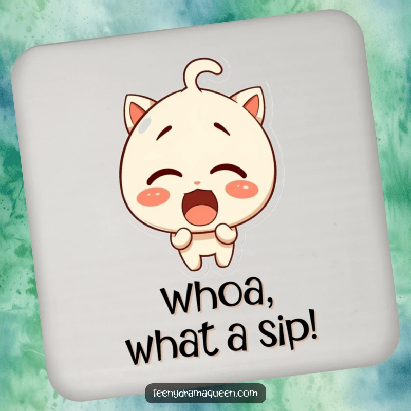 Funny drink coaster, a giggling character displaying an exaggeratedly shocked and surprised facial expression.