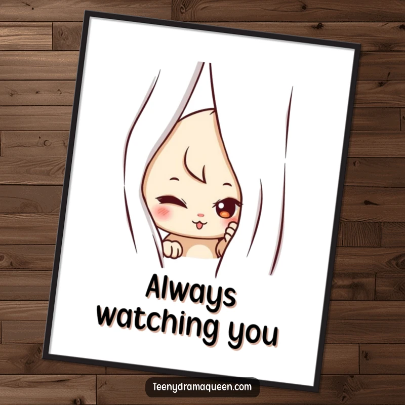 Funny poster artwork of a mischievous character peeking from behind a curtain, adding playful curiosity and humorous charm to decor.