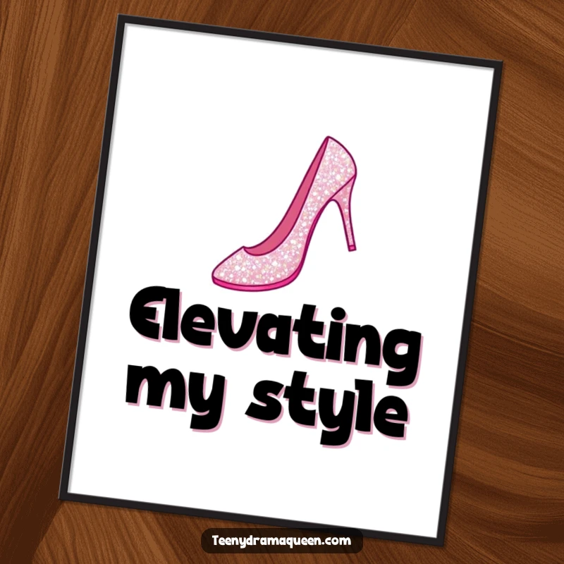Funny poster of a sparkly stiletto shoe performing a grand jeté, capturing elegant movement and fashionable artistry.