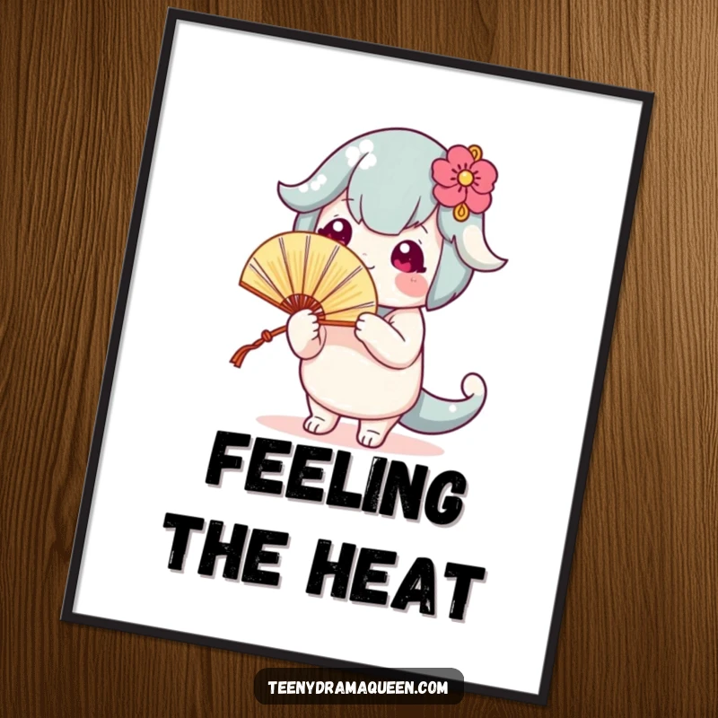 Funny poster of a cute character fanning itself dramatically, adding a humorous and stylish decorative element to any room.