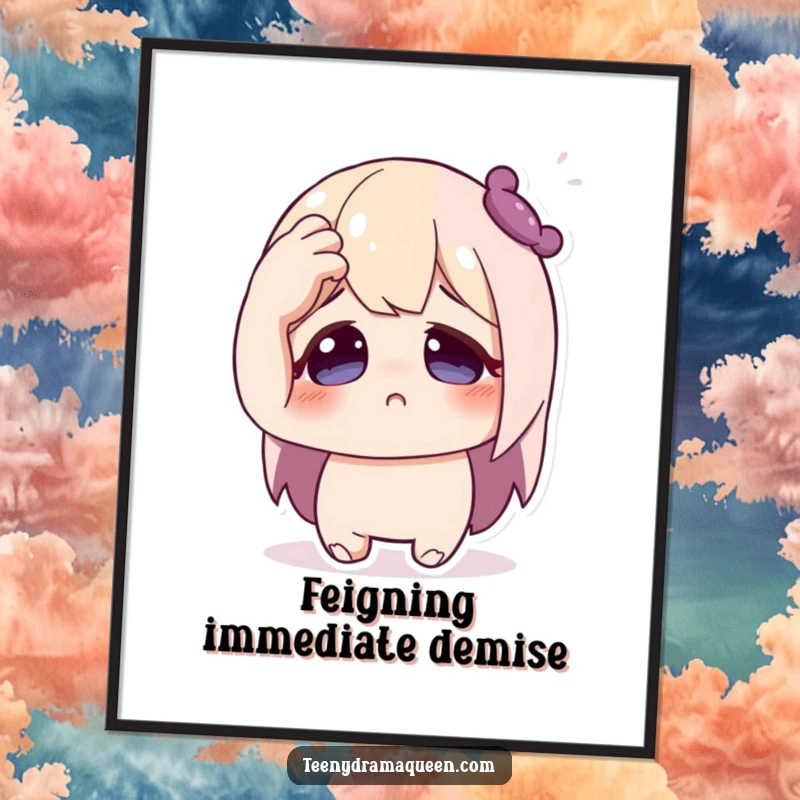 Funny poster displaying a cute character in a dramatic fainting fit, hand to forehead, wide eyes, bringing humorous drama to decor.