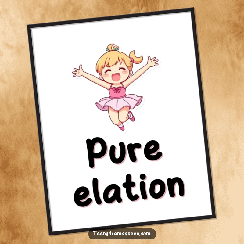 Funny poster artwork of a character in a tutu performing an epic, joyful leap with arms wide, capturing theatrical humor.