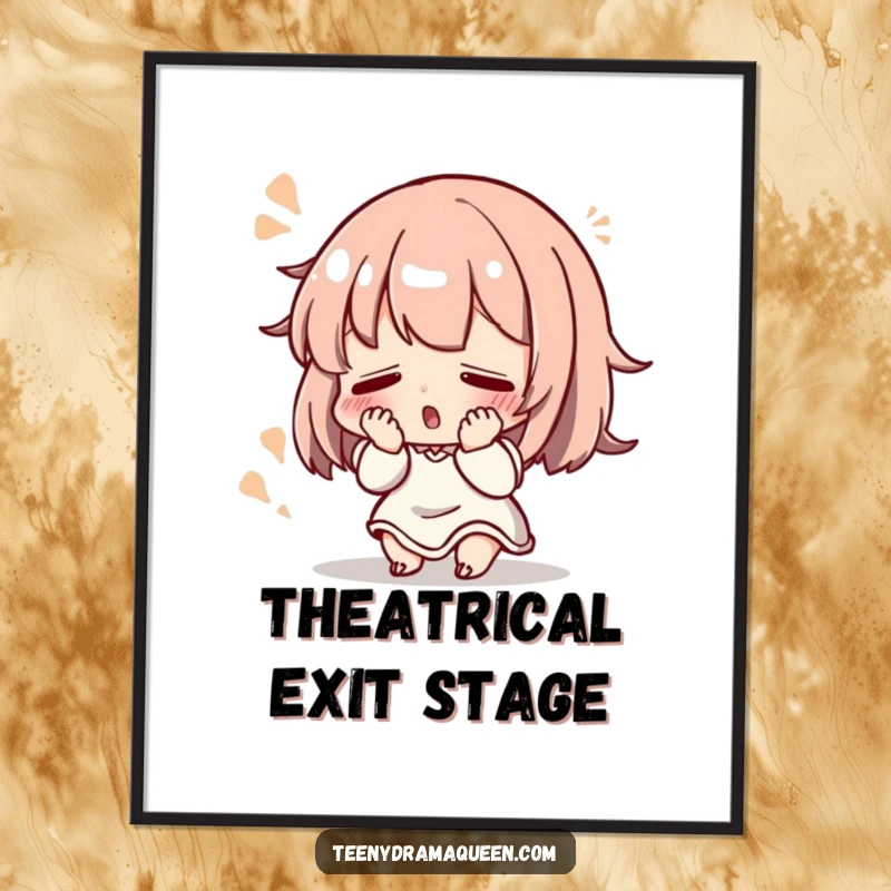 Funny Poster: Small character dramatically fainting with a flourish, perfect for adding humorous theatricality to wall art.