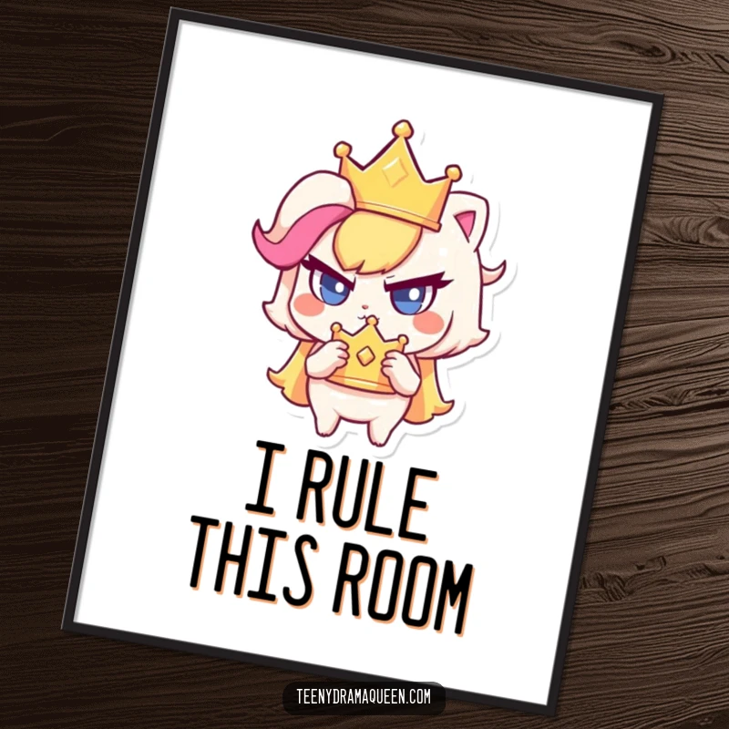 Funny poster of a small character clutching a sparkly crown with a haughty glare, perfect for regal wall decor.