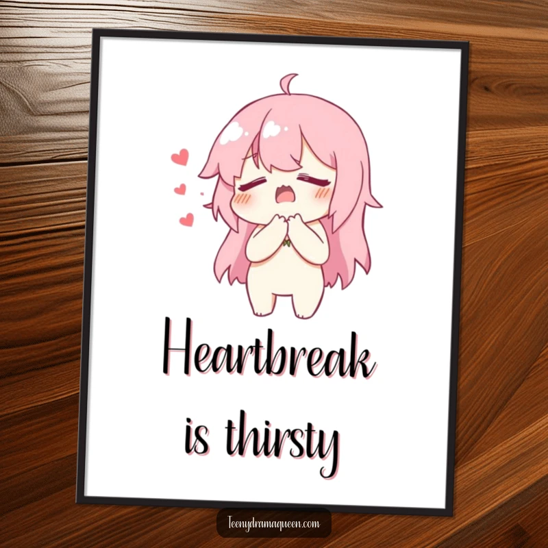 Funny Poster art of a character dramatically clutching its chest, faking heartbreak with comical tears for your wall.