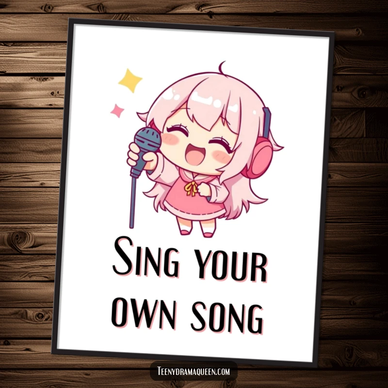 Funny poster, a joyful character reaching upwards for a minuscule microphone, conveying hopeful ambition.