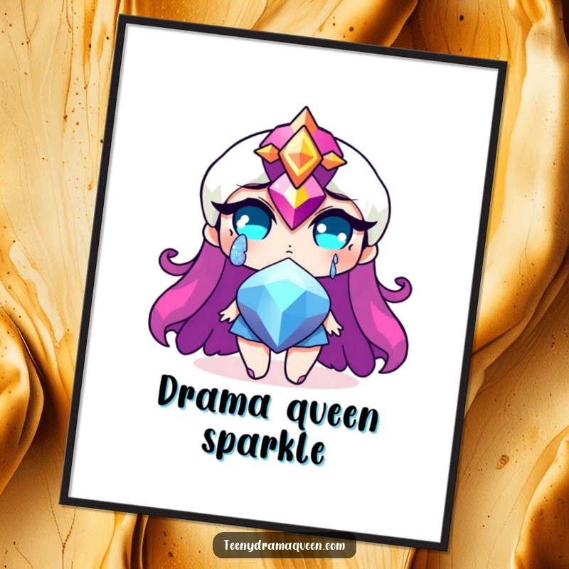 Funny poster featuring a dramatic jewel character shedding a glittery tear, adding humorous dramatic sparkle to any room decor. Ideal funny gift.