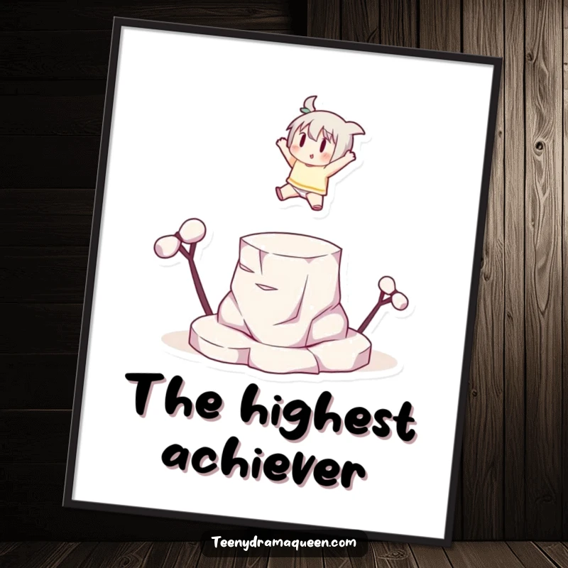 Funny small character leaping dramatically onto a tiny elevated platform with a flourish, perfect for wall decor with a motivational touch.