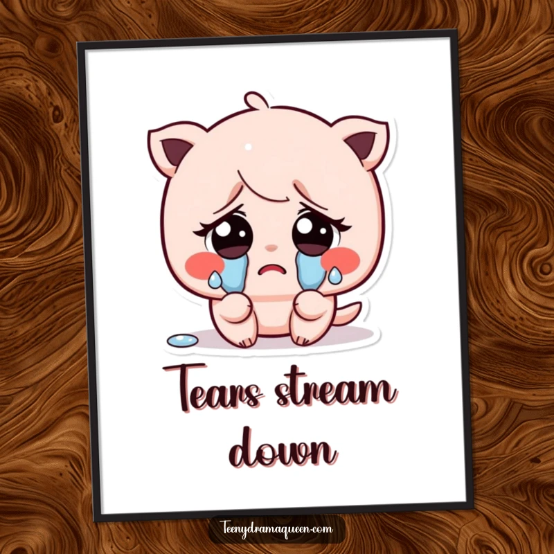 Funny poster of a kawaii character with big sad eyes, crying tiny, exaggerated tears, conveying a sweet and relatable sadness.
