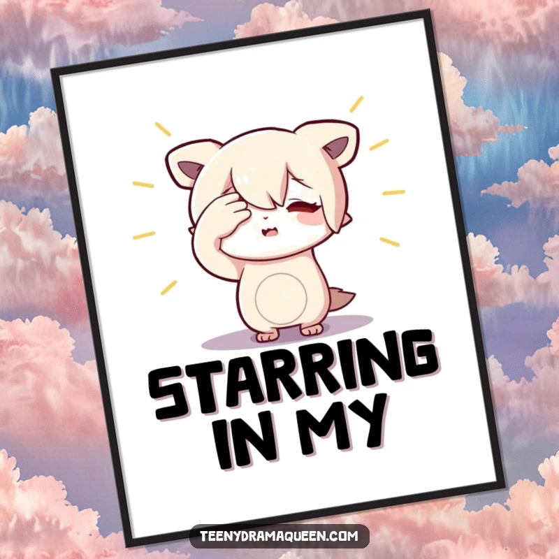 Funny Character Poster: Striking art of a small figure dramatically shielding their eyes from an imaginary spotlight, conveying vulnerability.