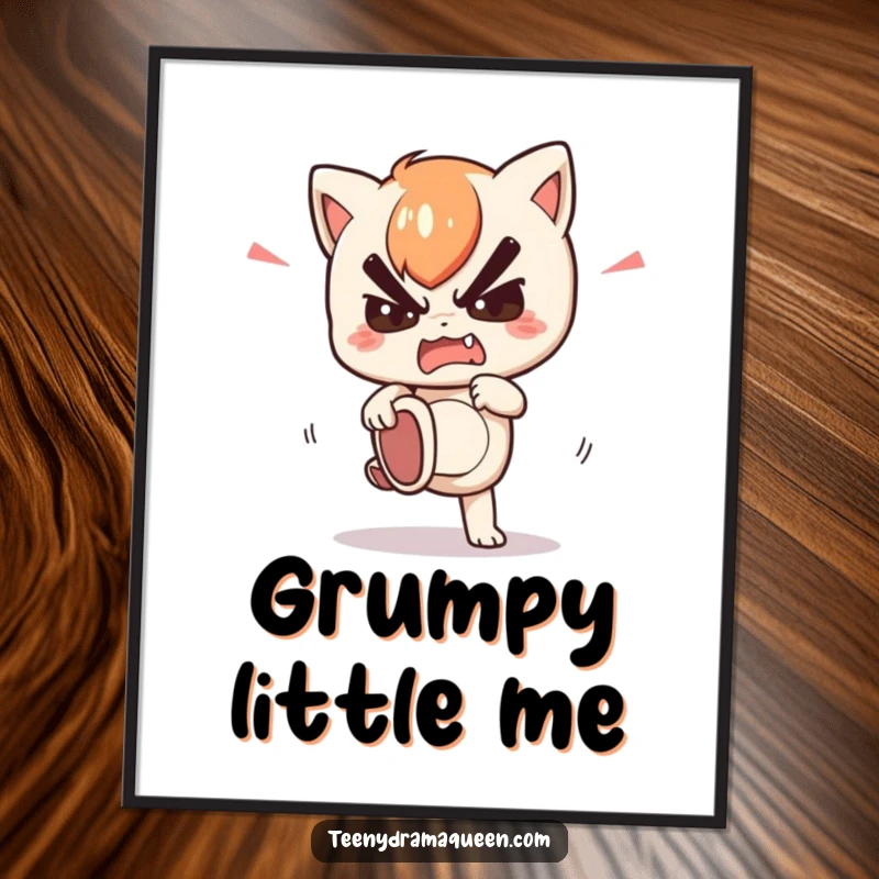 Funny poster depicting a kawaii character stomping its foot with an expression of feigned fury, adding a humorous touch.