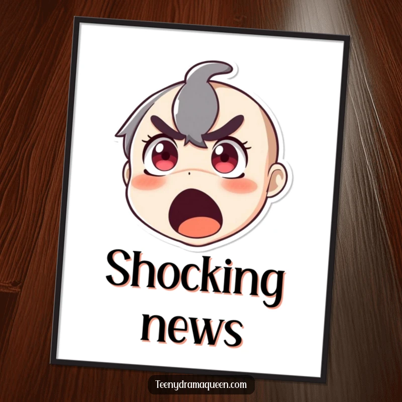 Funny poster art of a character in exaggerated surprise, eyes wide, mouth open in a comical, dramatic gasp.