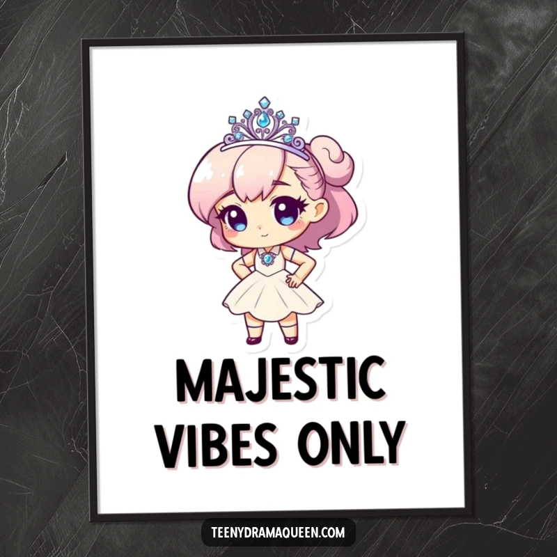 Funny poster of a tiny character with a tiara, striking a dramatic diva pose, ideal wall art for glam lovers.
