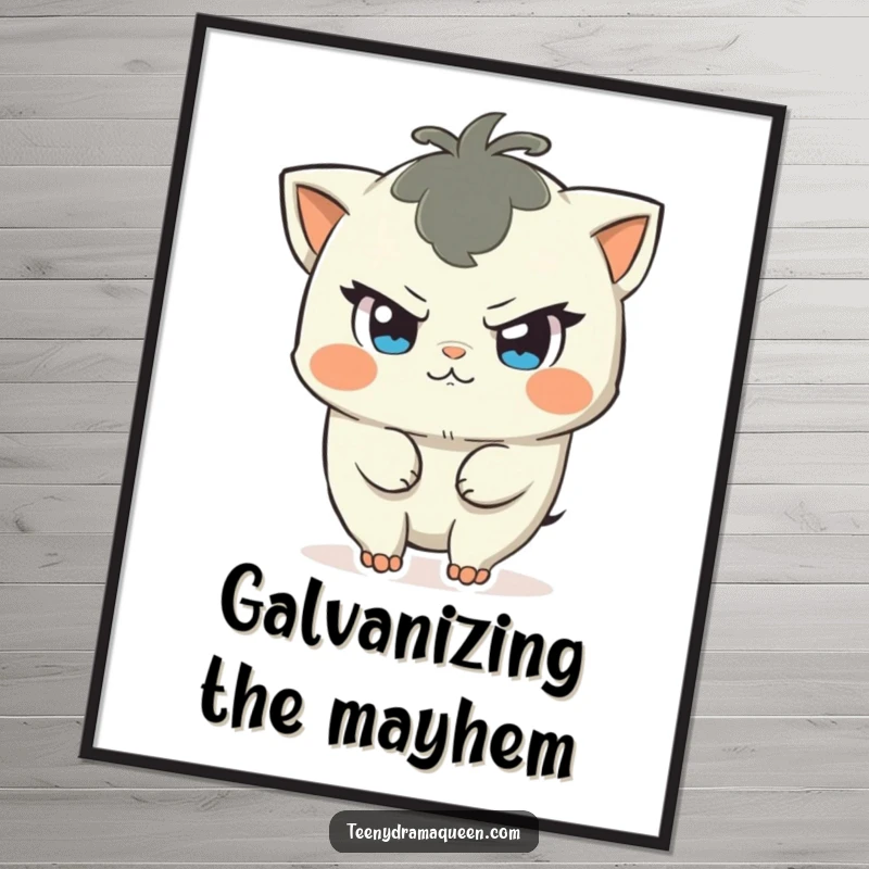 Funny poster art of a character with a mischievous glint in their eye, about to initiate a small, humorous commotion.