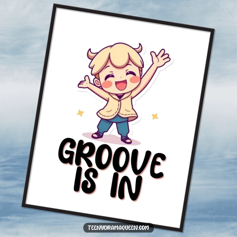 Funny poster artwork of a playful character executing a humorous, silly dance pose, adding a vibrant and comical element to decor.