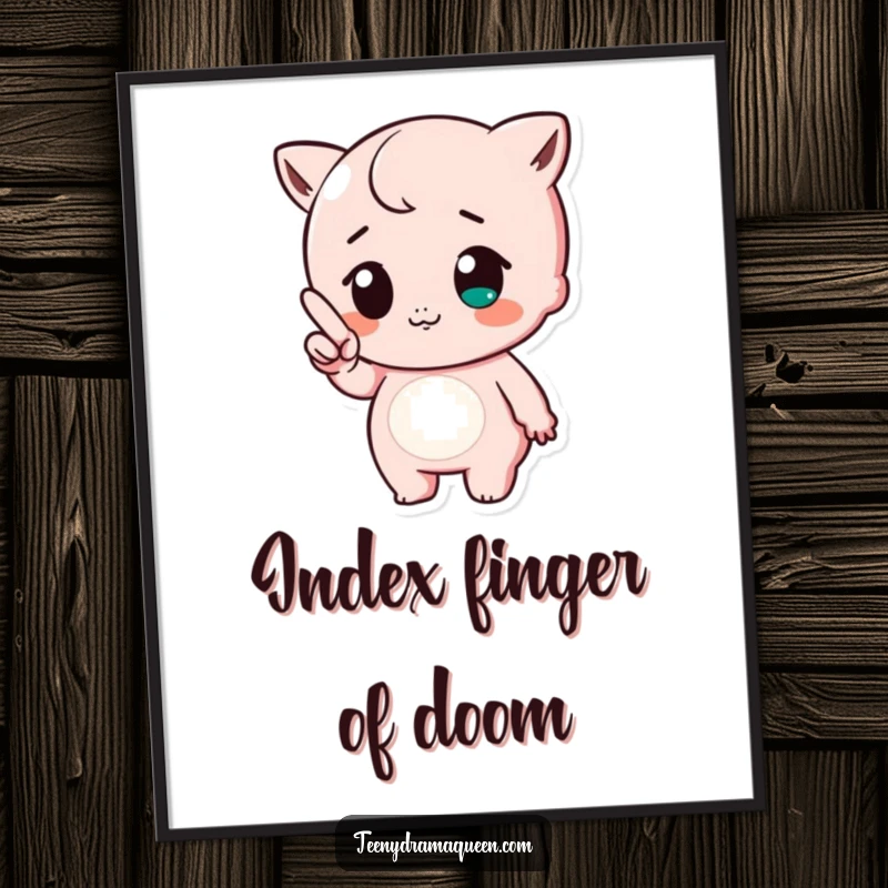 Funny poster art of a cute character pointing a tiny finger with a huff, conveying adorable frustration and playful sass.