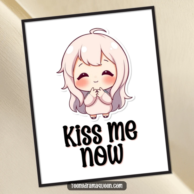 Funny poster artwork of a happy character with a cheerful expression, blowing a tiny, sweet kiss, adding warmth and joy.