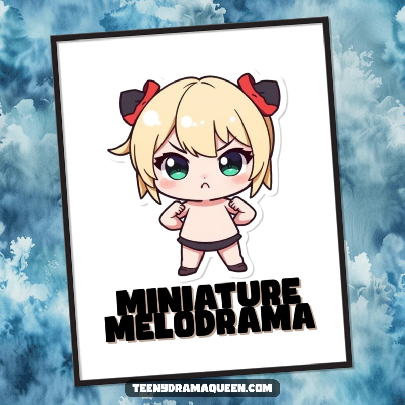 Funny Tiny Character Poster: Striking art of a miniature figure striking a dramatic pose, hands on hips with a defiant pout.