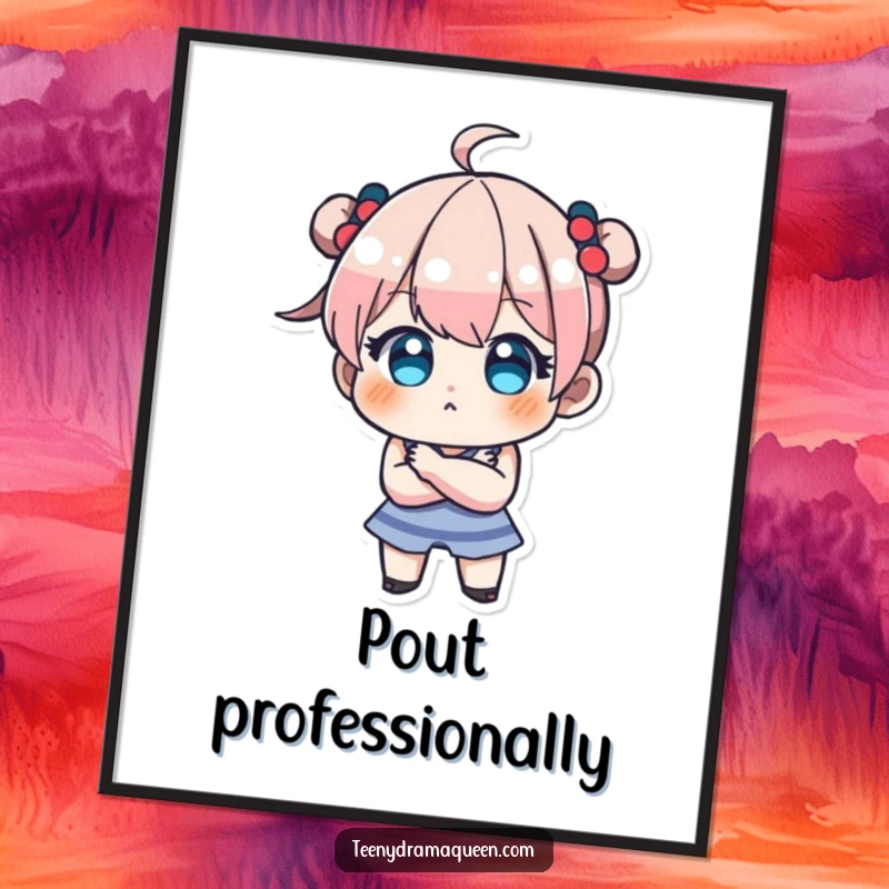 Funny poster art of a teeny character pouting with crossed arms, conveying adorable stubbornness and playful defiance.