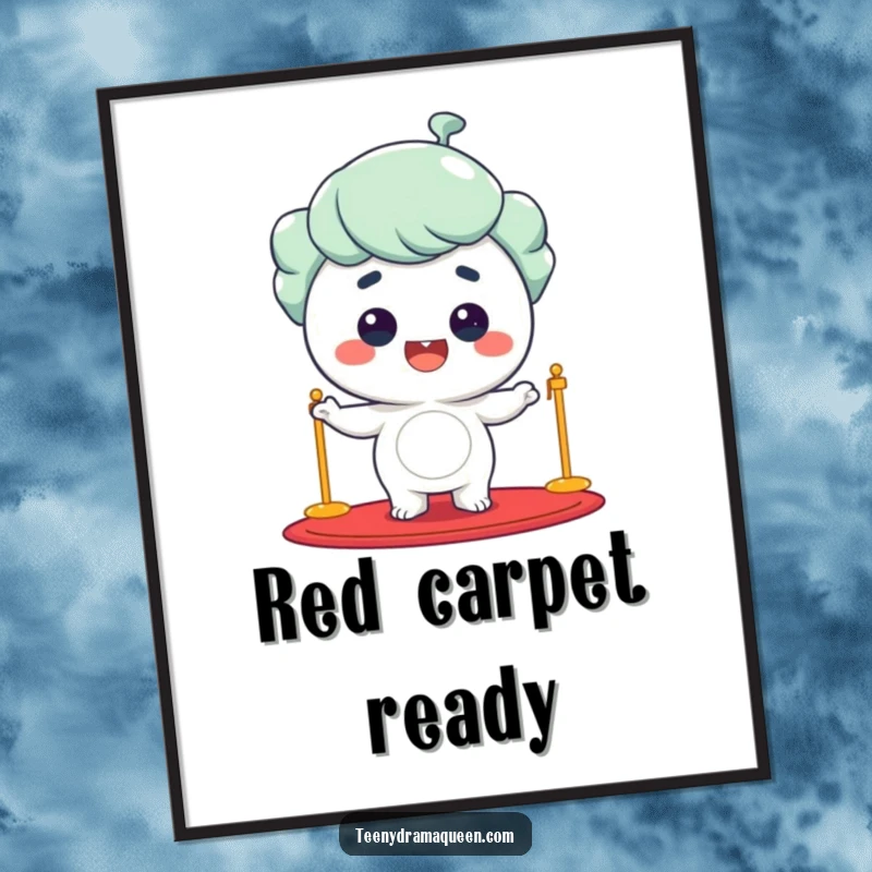 Funny giggling character striking a pose on a red carpet, beaming with star power, perfect for wall decor.