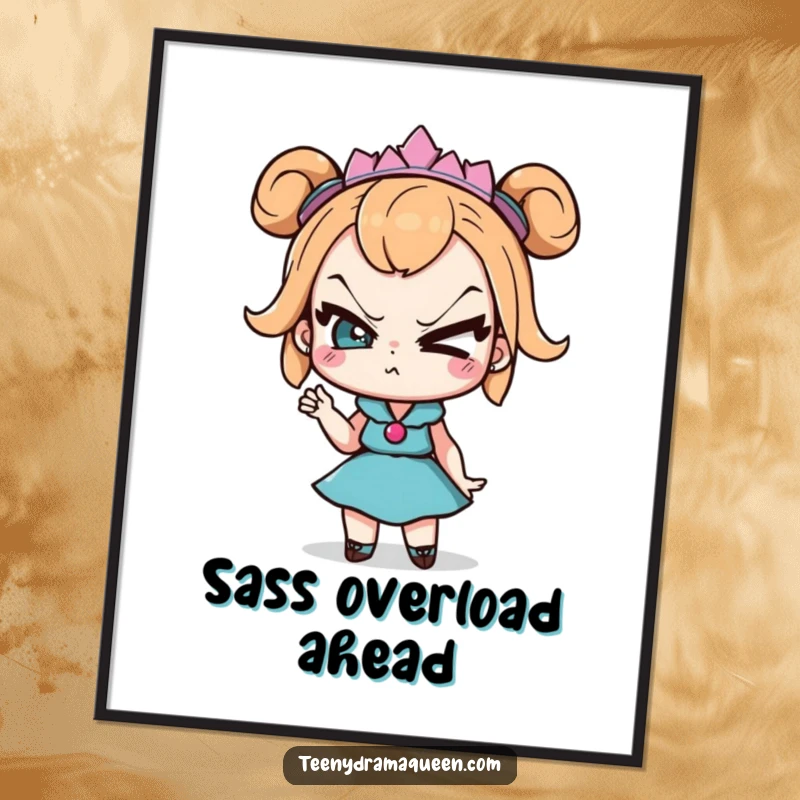 Funny Poster: Teeny drama queen character with exaggerated eye roll and sassy pose, perfect wall art for a dramatic statement.