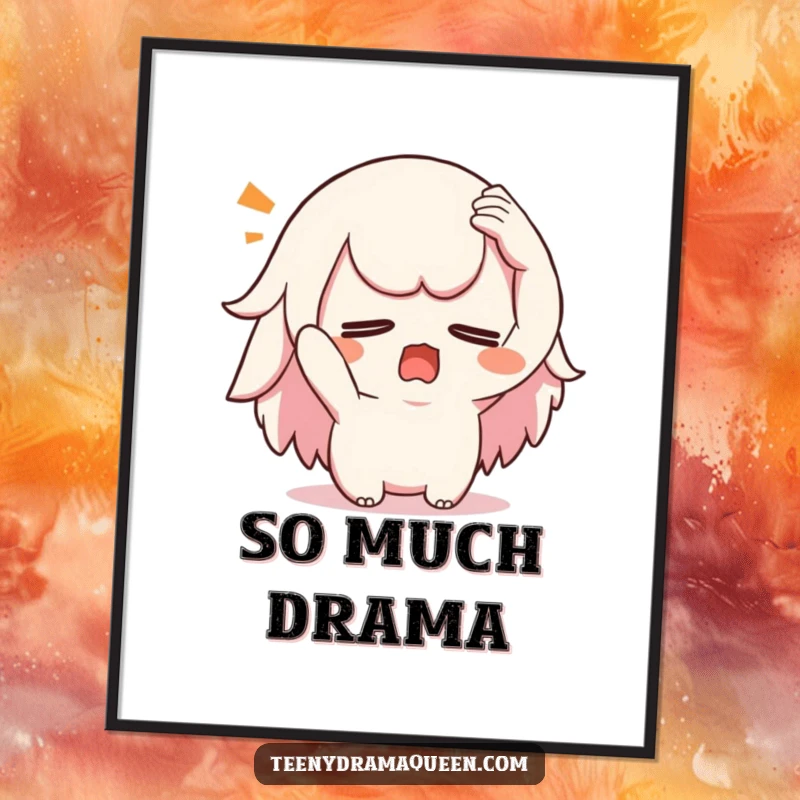 Funny swooning kawaii poster, featuring a character dramatically fainting with a hand to its forehead, perfect for dramatic wall art.