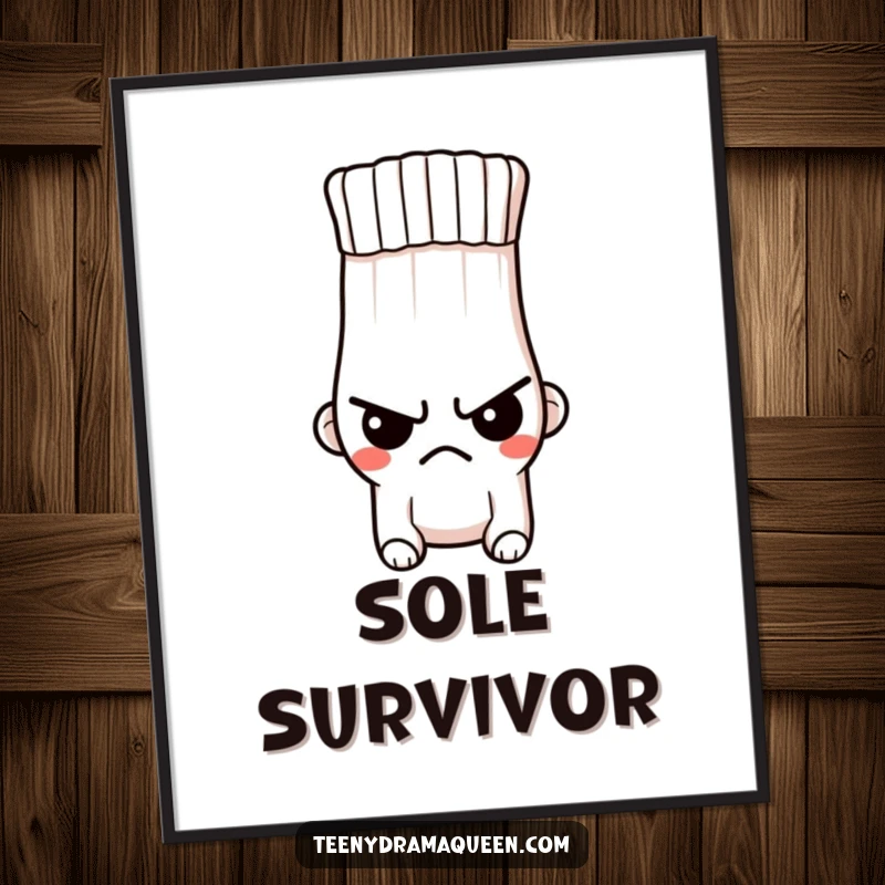 Funny poster of a tiny, indignant sock character with a stern expression and a hole, conveying a powerful message on any wall.