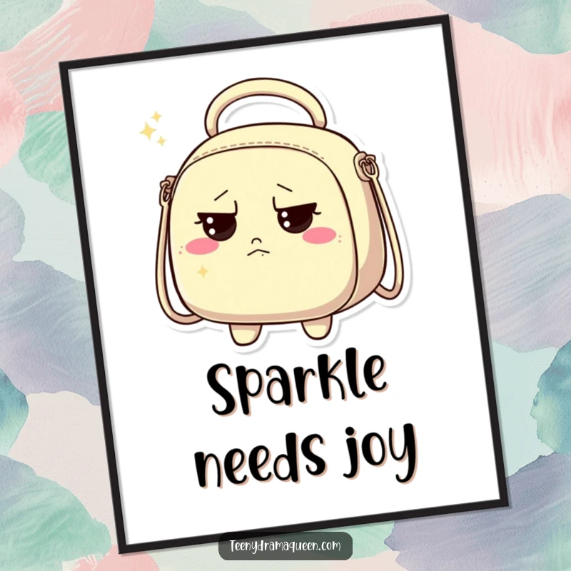 Funny wall art poster of a sparkly handbag character with a discontented expression, adding bold style.