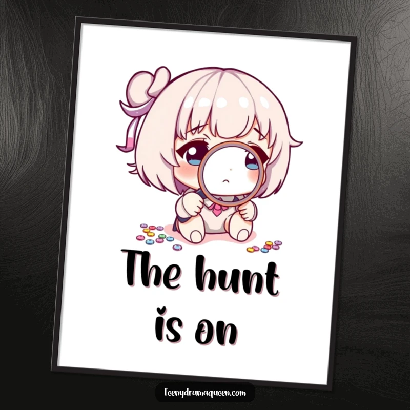 Funny poster art showcasing a character meticulously inspecting a single sequin with a magnifying glass, highlighting a humorous pursuit of detail.