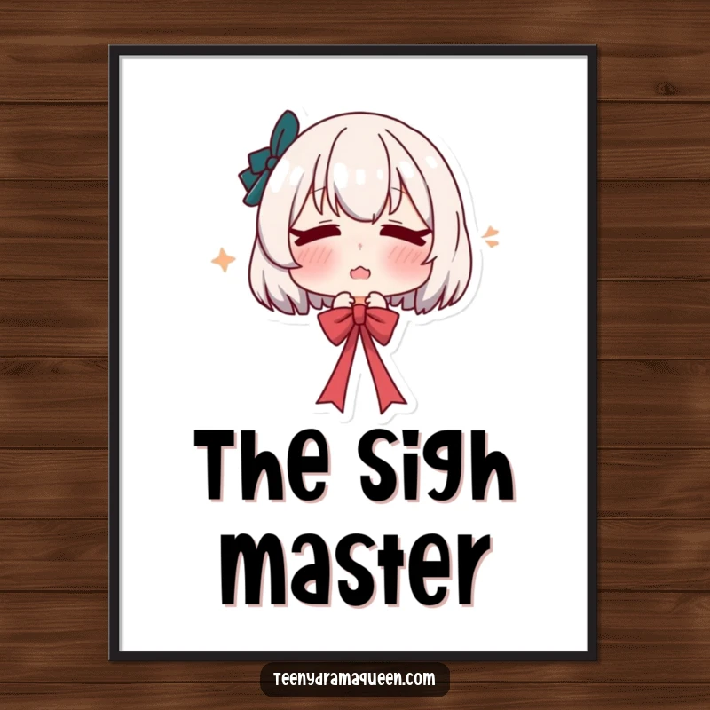 Funny poster art capturing a character with a pouty lip dramatically sighing and releasing a ribbon, evoking theatrical emotion and humor.