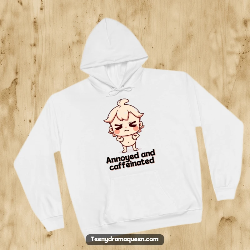 Funny Hoodie print of a character huffing and puffing with hands on hips, showing comical displeasure in a comfortable design.