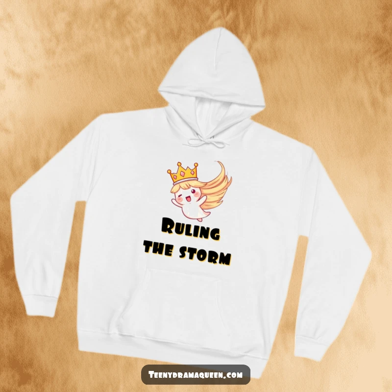 Funny hoodie with a small crown dramatically flying in a swirling whirlwind, providing warmth and a regal, humorous touch.