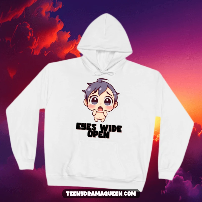 Funny Hoodie: Little character with a shocked expression and wide eyes, offering cozy humor for surprising situations.