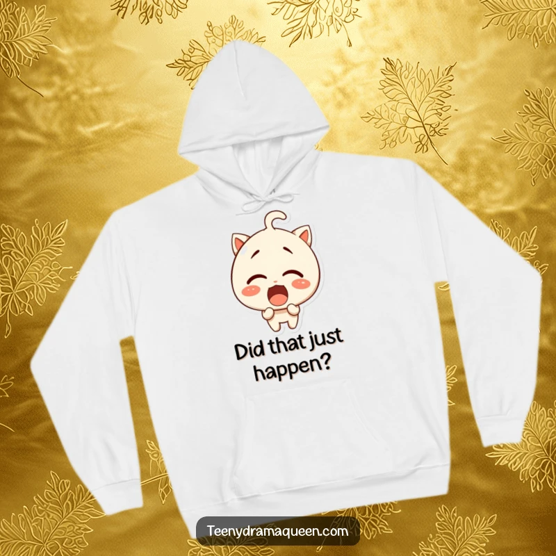 Funny hoodie, a giggling character with a comically exaggerated surprised expression, perfect for warmth and humor.