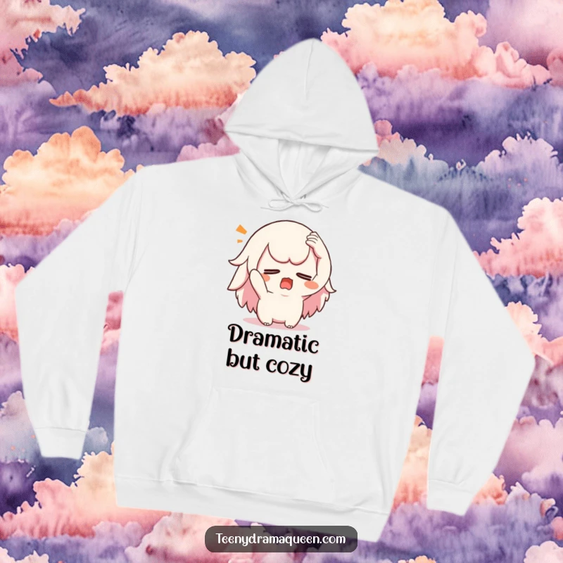 Funny swooning kawaii hoodie, cozy wear featuring a character dramatically fainting, perfect for expressive comfort.