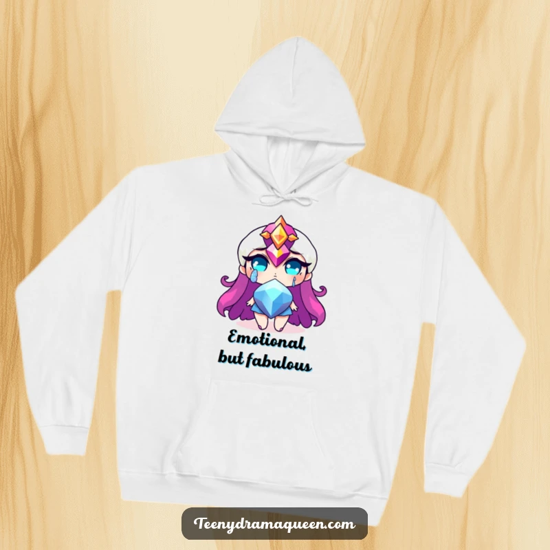 Funny hoodie featuring a dramatic jewel character shedding a glittery tear, offering cozy humor and a touch of dramatic sparkle. Ideal funny gift.