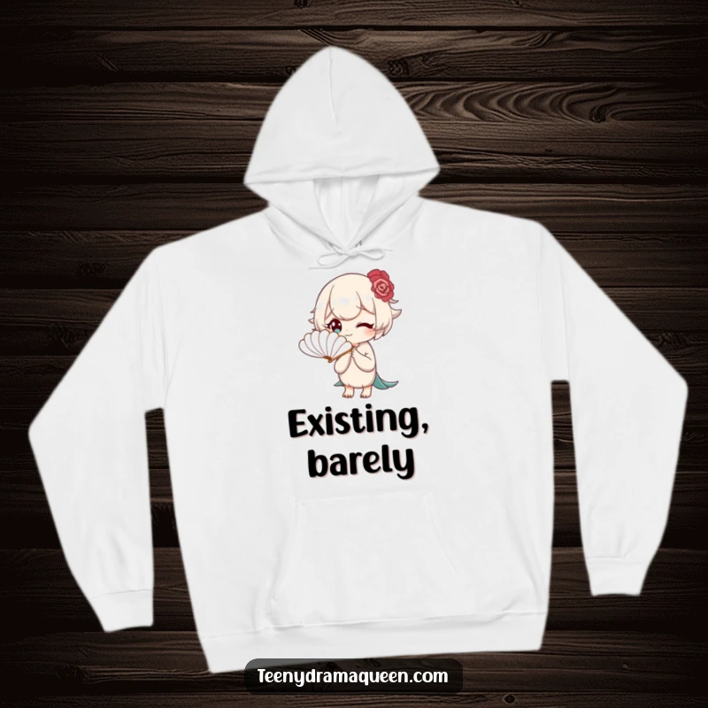 Funny hoodie featuring a character elegantly fanning itself with a miniature feather fan, radiating an aura of profound boredom.