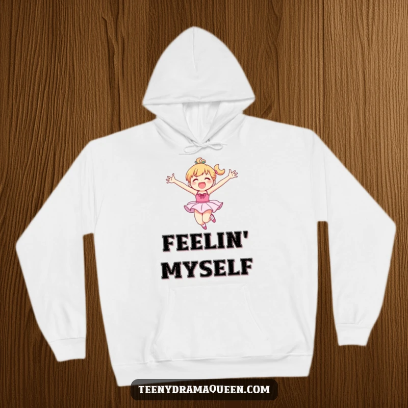 Funny hoodie with a character in a tutu performing an exuberant leap, arms flung wide in energetic, cheerful motion.