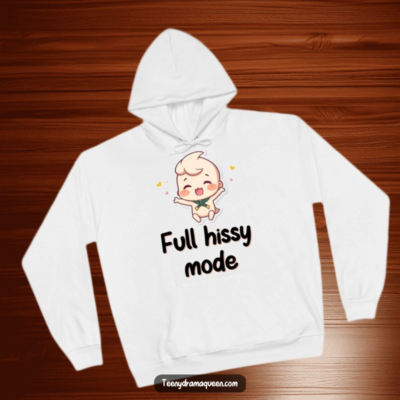 Funny hoodie featuring a small character throwing a minuscule hissy fit, ideal for cozying up while embracing dramatic expressions.